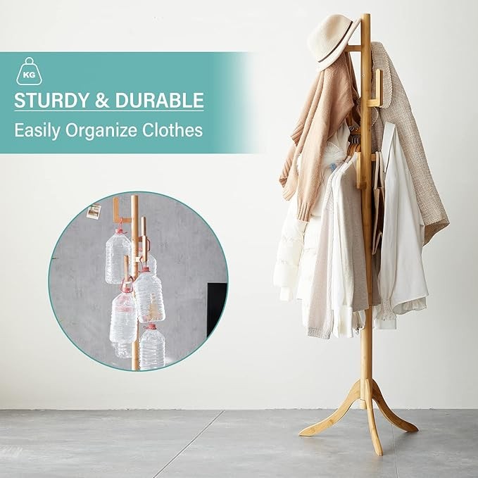 Natural Bamboo Coat Rack Freestanding 6 Hooks | Adjustable Wooden Hall Tree Stan
