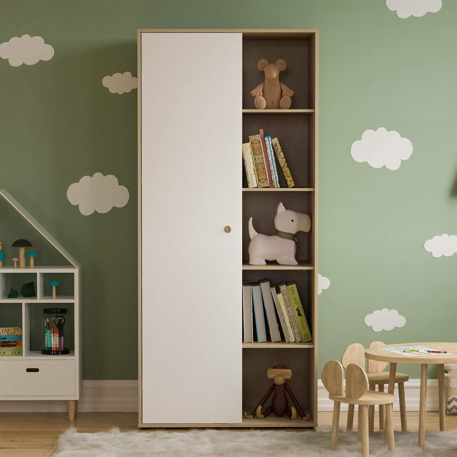 Children’s Wardrobe with Shelves & Rail, White Oak Kids Storage Cabinet