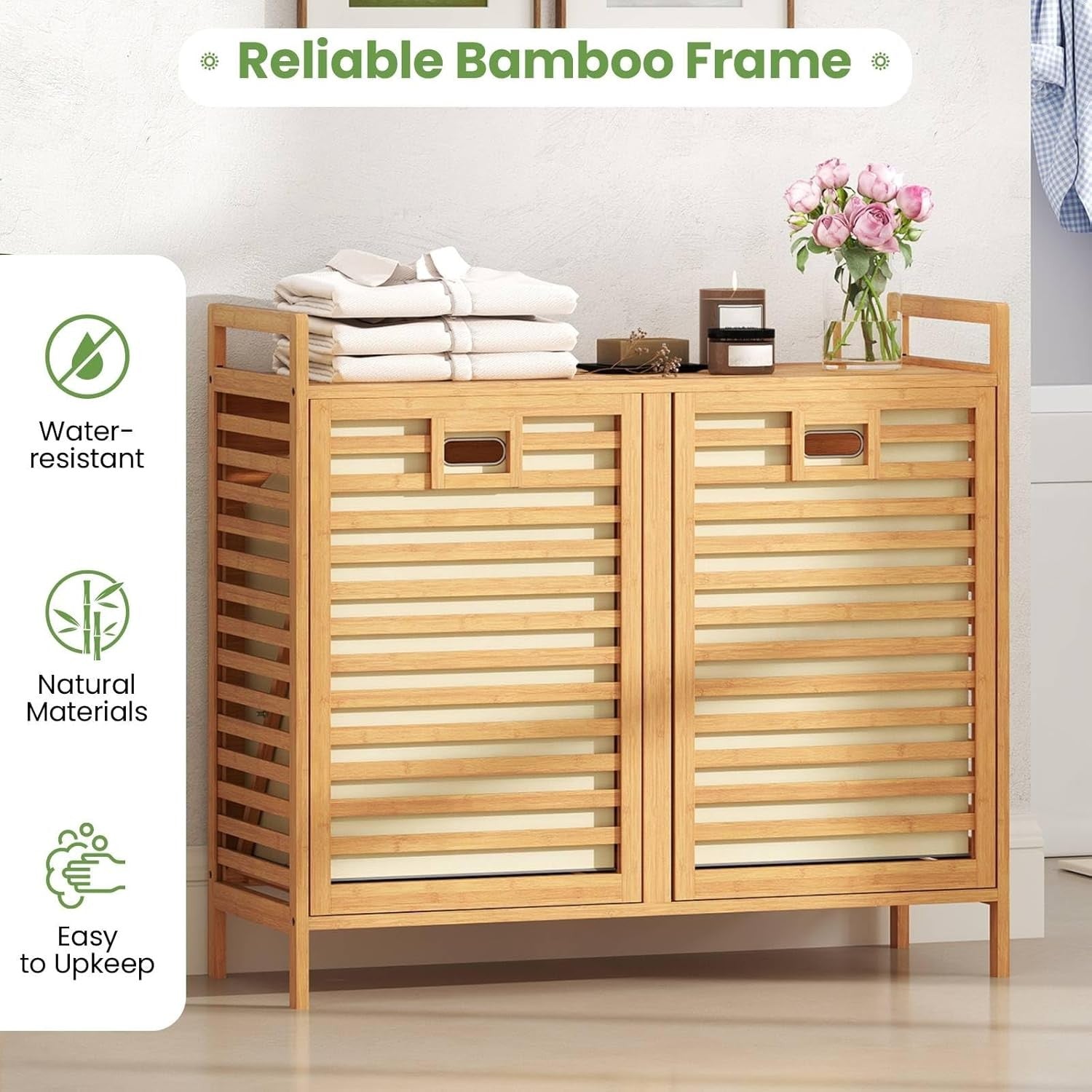 75L Bamboo Laundry Hamper Tilt-Out 2 Bin Storage Unit with Shelf Natural Wood