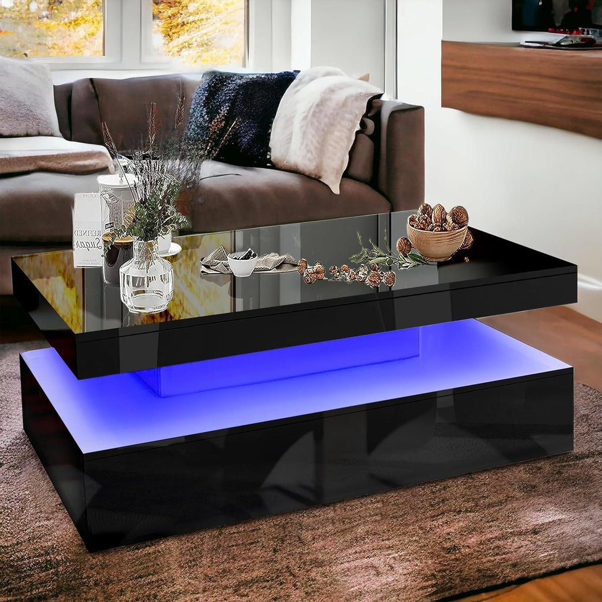 Black LED Coffee Table with 2 Drawers, High Gloss, RGB Lights 95x48x42cm