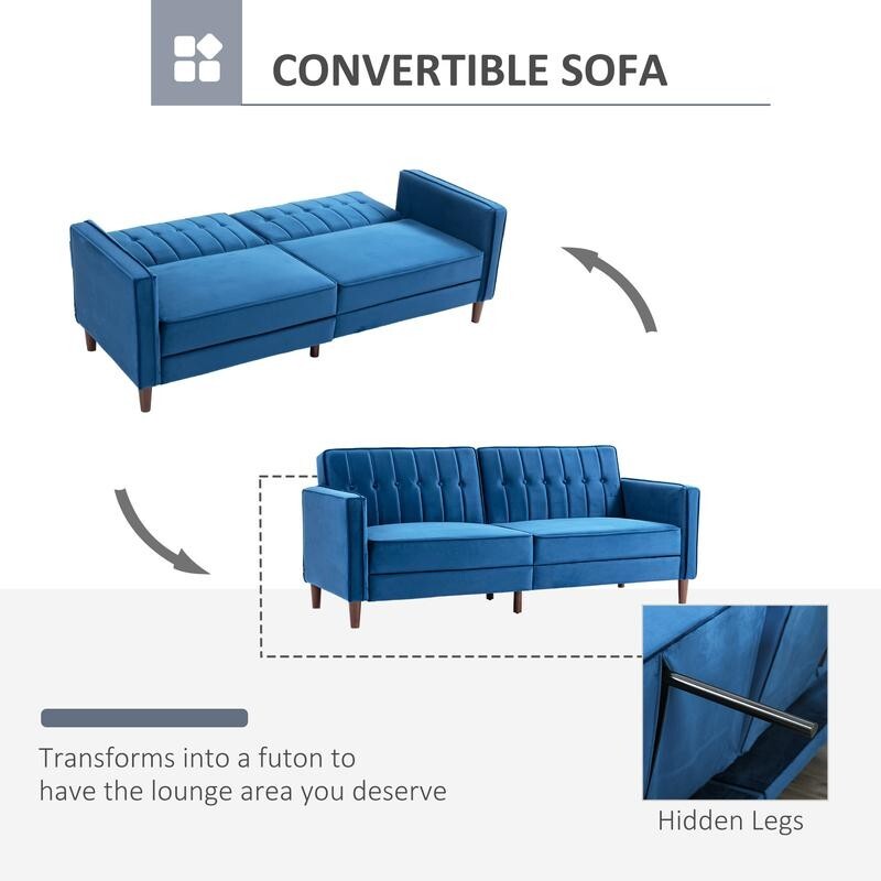 3 Seater Velvet Sofa Bed Blue Click Clack Couch w/ Split Back Guest Bed