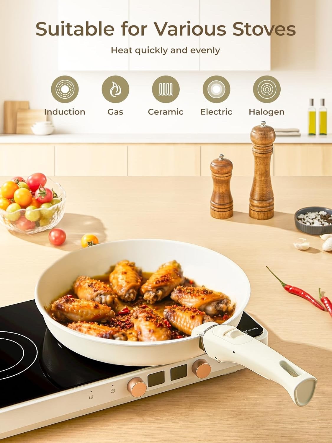 8Pcs Beige Ceramic Non-Stick Cookware Set with Detachable Handles & Lids