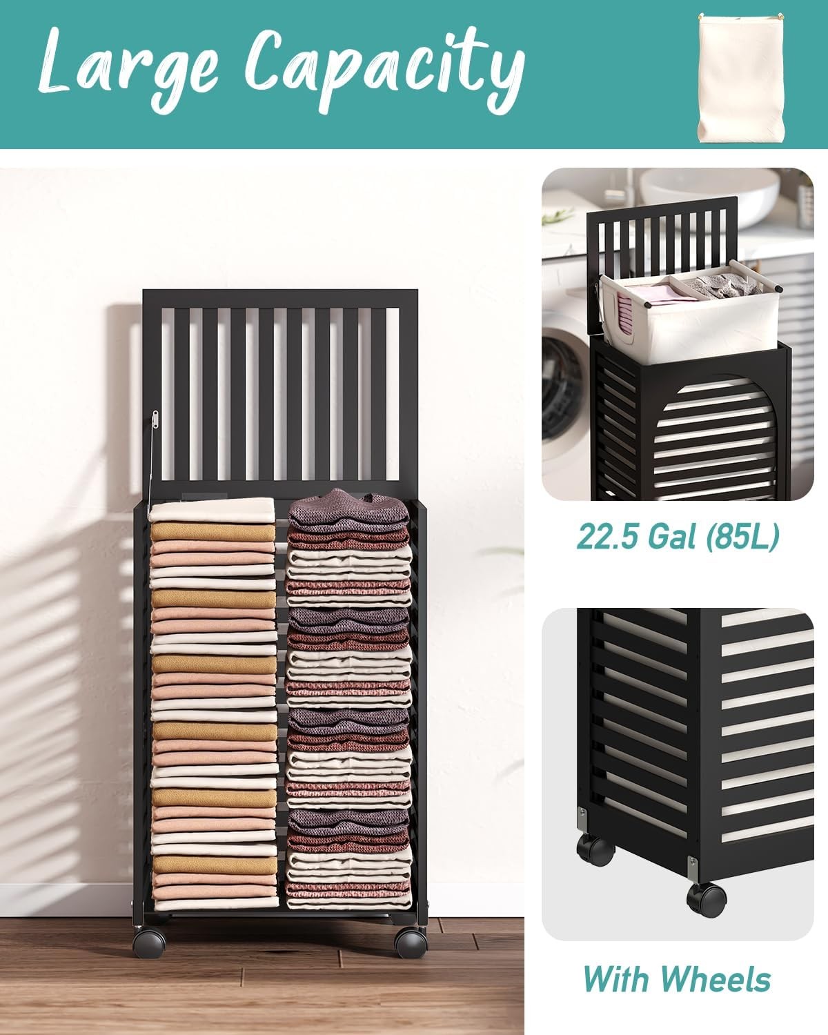 85L Black Bamboo Laundry Hamper on Wheels 2 Section Basket with Lid & Liner