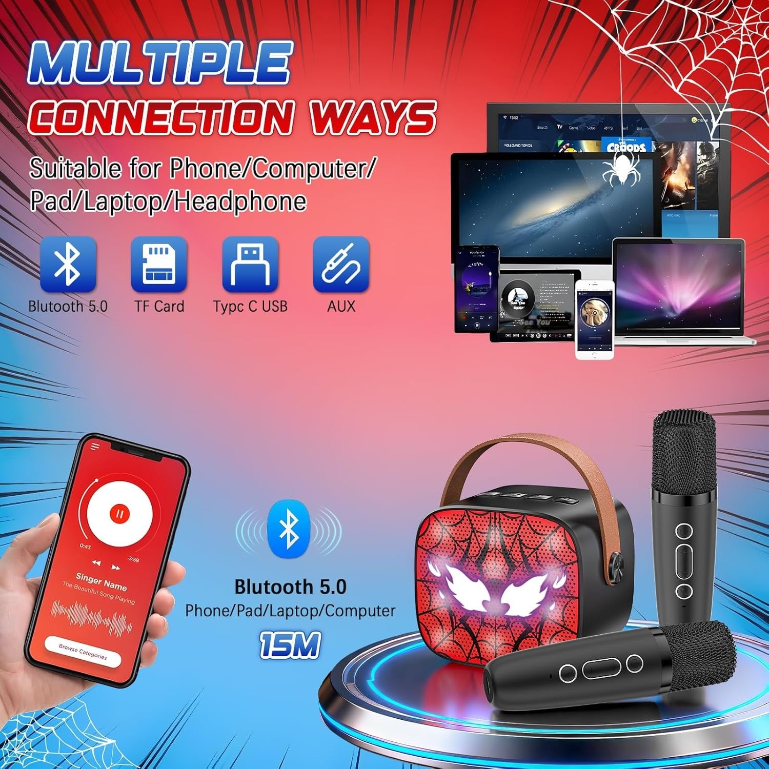 Blue Spider Karaoke Machine 2 Mics Bluetooth LED Voice Changer