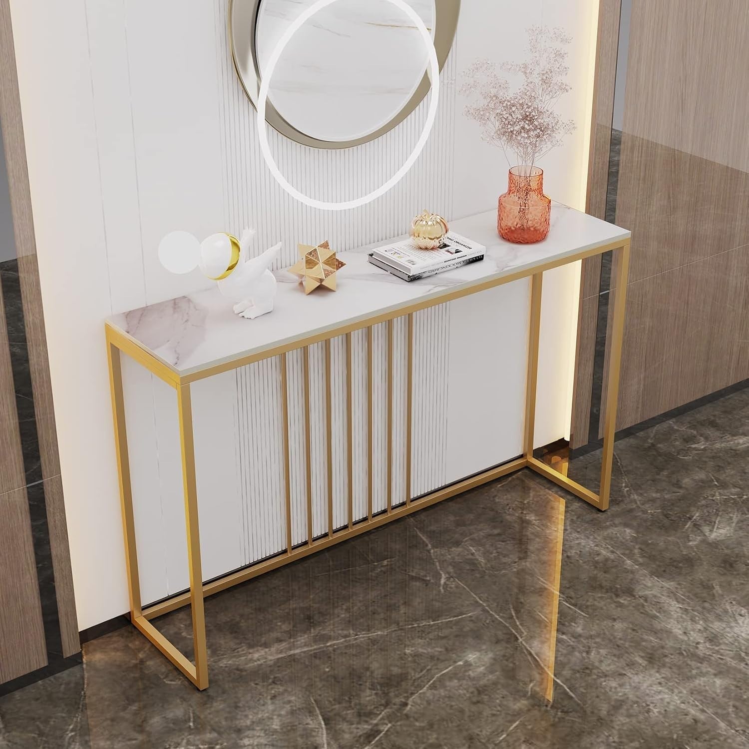 120cm White Marble Console Table – Gold Frame Slim Hallway Side Desk