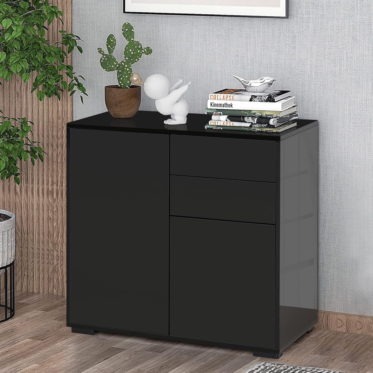 Black High Gloss Sideboard Cabinet 2 Doors 2 Drawers Push-Open Storage