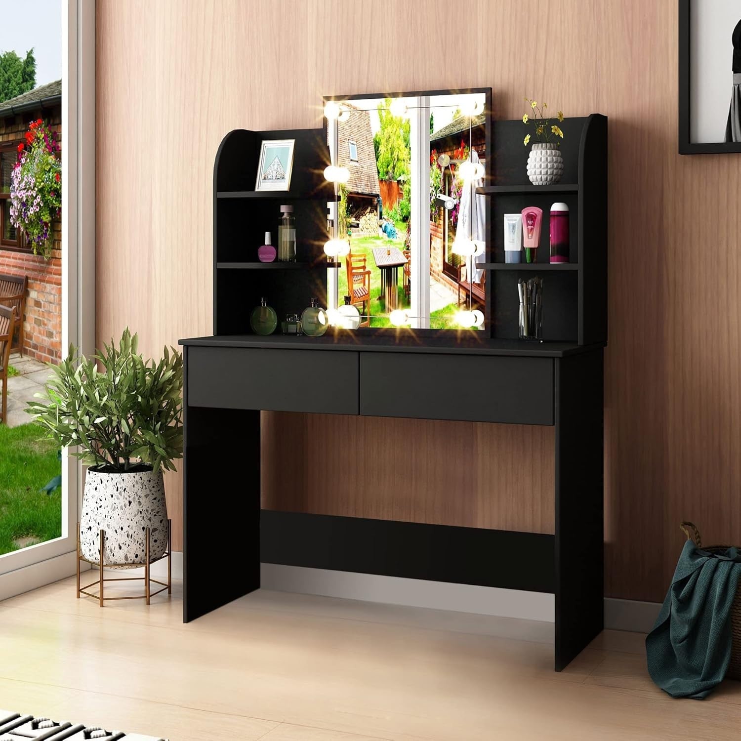 Modern Vanity Desk w/ Lighted Mirror & Charging Station USB Outlet 4 Drawers