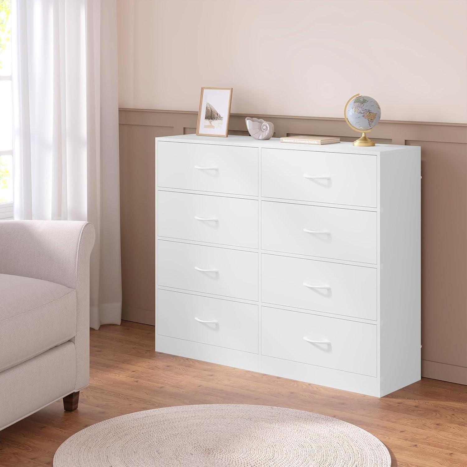8 Drawer White Storage Chest Fabric Drawers Bedroom Hallway Cabinet 108cm