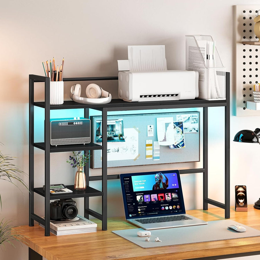 38.6" Desk Hutch Shelf with LED Strip | 4-Tier Desktop Organizer Rack