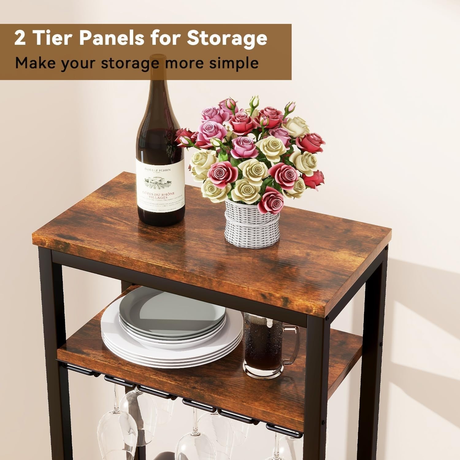 Wine Rack Freestanding with Glass Holder 16 Bottle Storage Shelf Rustic