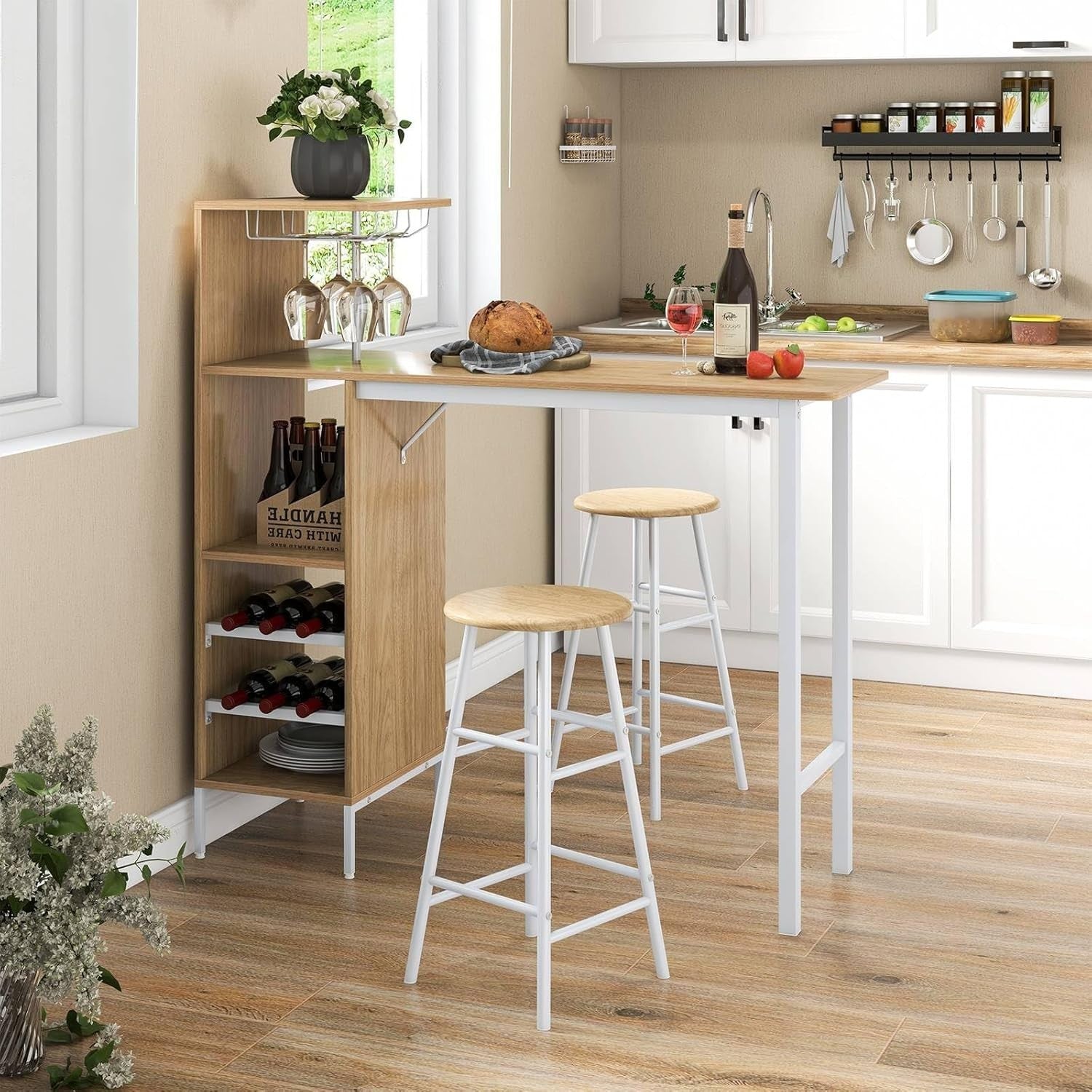 Natural 3-Piece Bar Table Set Shelves, Wine Rack & 2 Stools, Industrial Dining