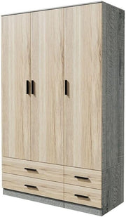 3 Door 4 Drawer Wardrobe Hanging Rail Storage Ash Grey & Oak Bedroom