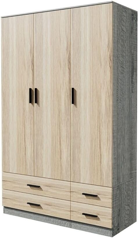 3 Door 4 Drawer Wardrobe Hanging Rail Storage Ash Grey & Oak Bedroom