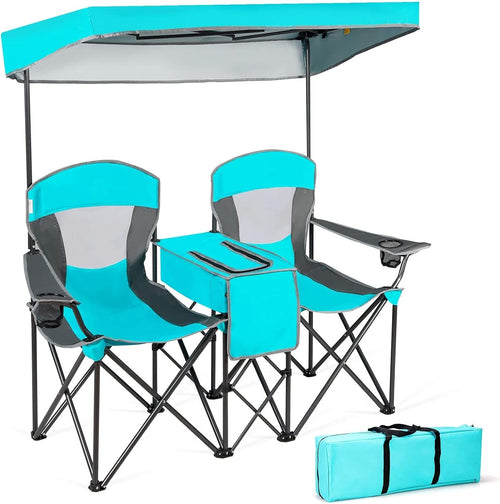 2 Seat Folding Camping Chair w/ Canopy & Cooler – Beach Picnic Outdoor