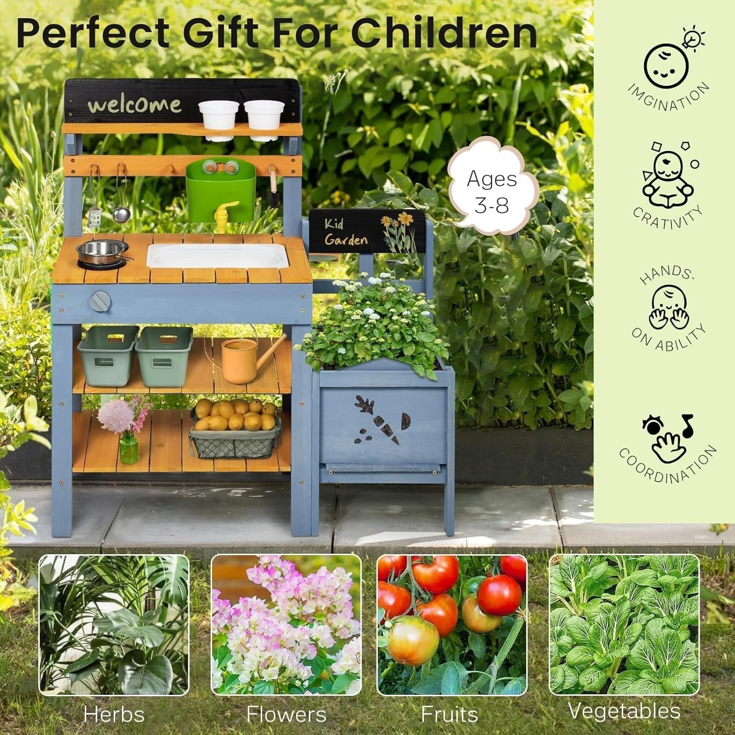 Outdoor Mud Kitchen for Kids w/ Planter Sink Gardening Toys