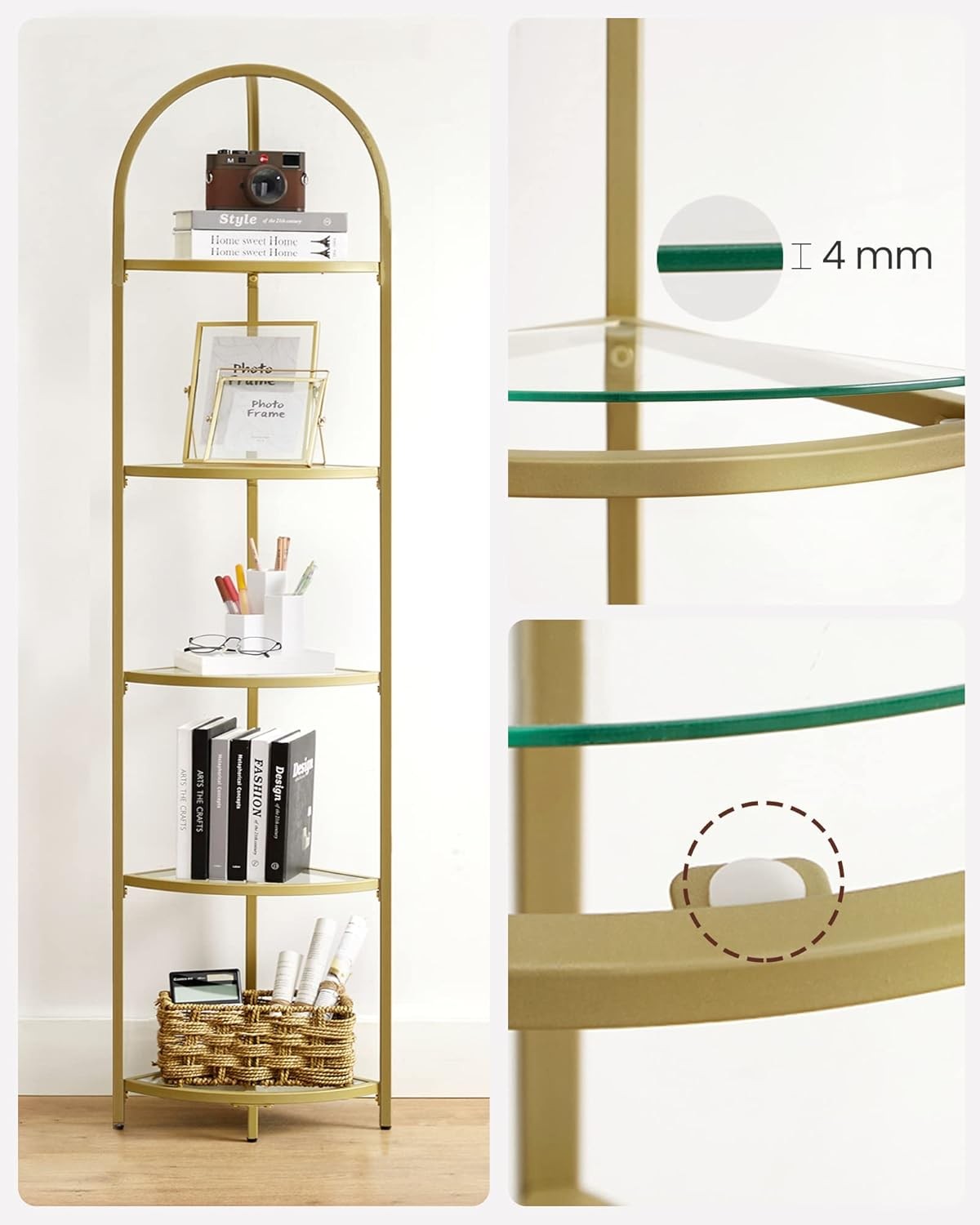 5-Tier Gold Corner Shelf Tower Modern Glass Display Unit for Living Spaces