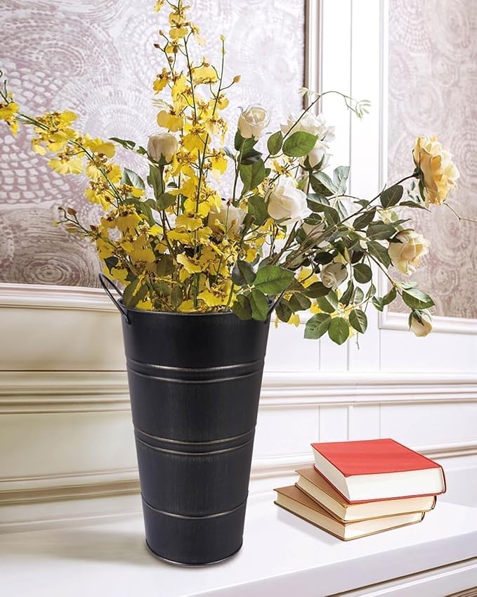 12 Inch Black Galvanized Metal Flower Vases Set of 6 Rustic Bucket Planters