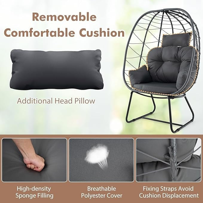 Oversized Rattan Egg Chair with Cushions & Headrest – Indoor Outdoor Lounge