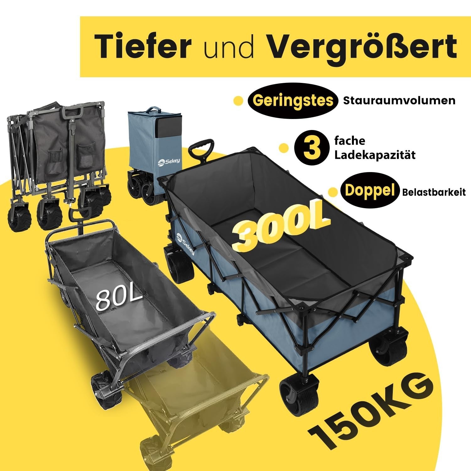 Blue Grey XXL Folding Handcart Heavy Duty 200kg All-Terrain Wagon 300L Capacity