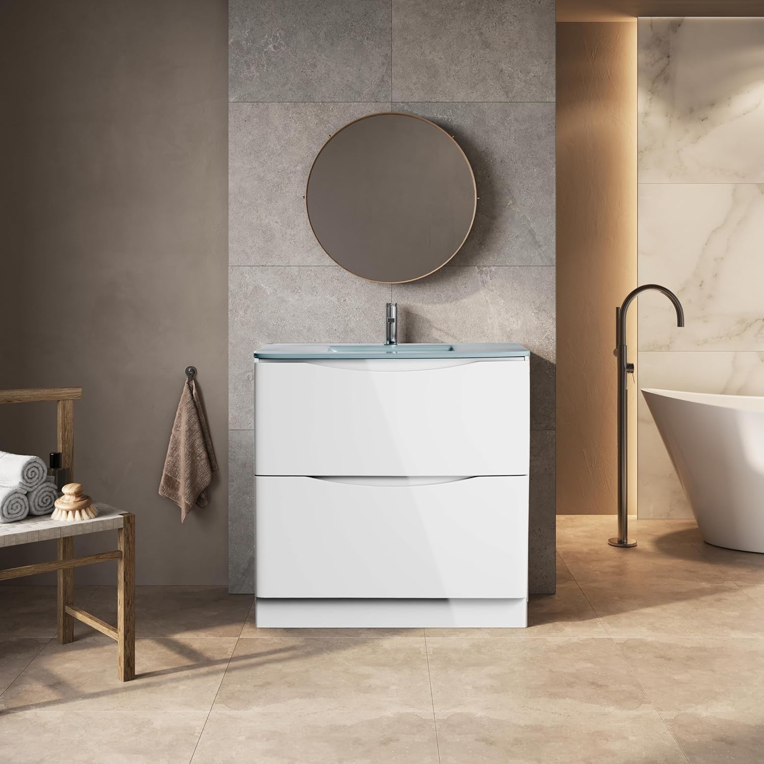 900mm Floor Standing Vanity Unit White Gloss with White Glass Basin Cabinet