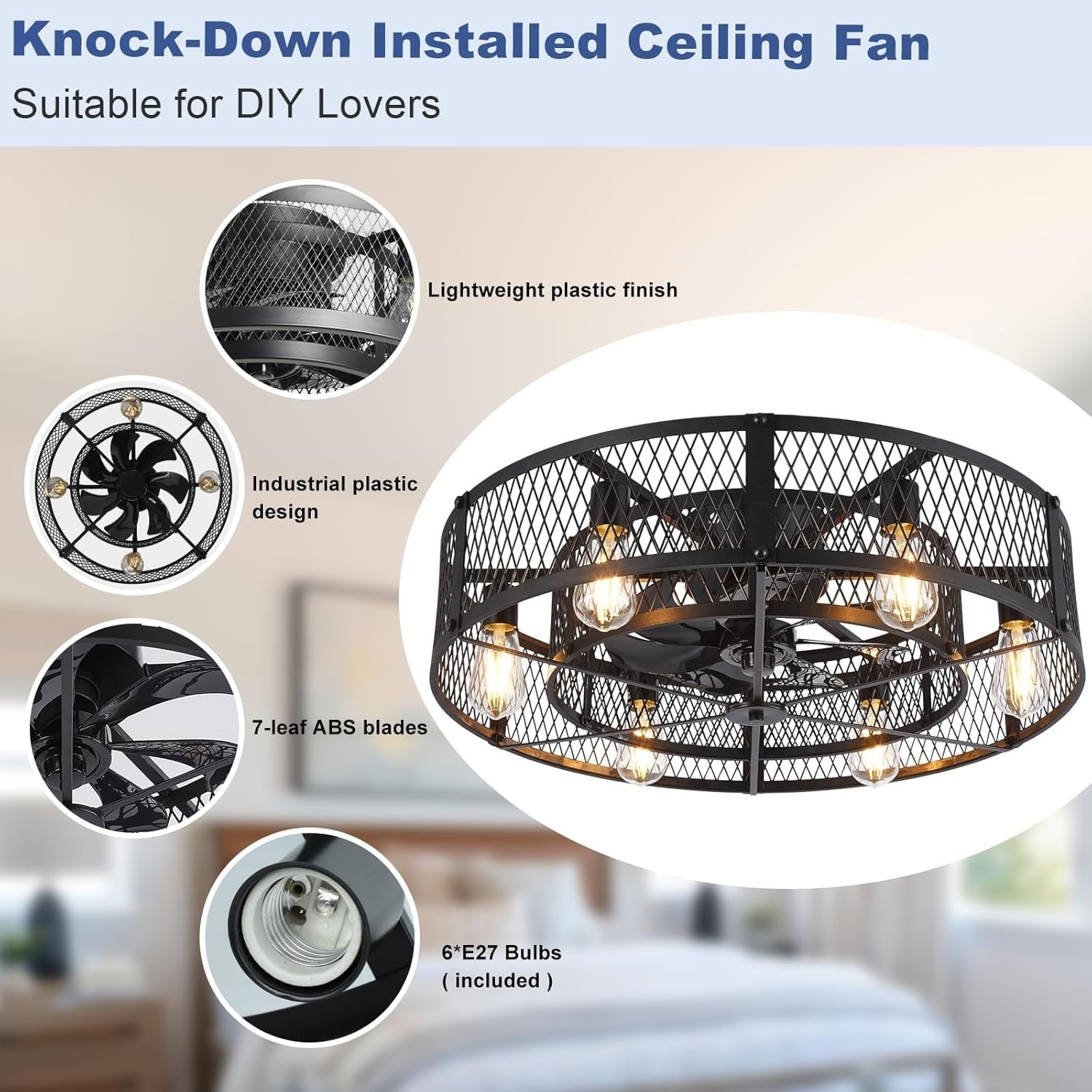 26" Caged Ceiling Fan with Light Farmhouse Style Remote DC Motor