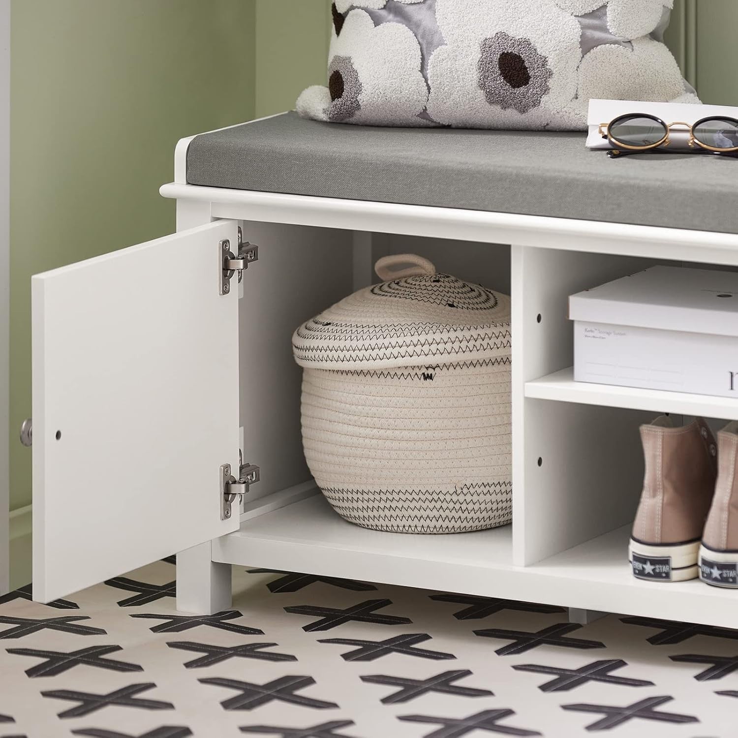 Modern White Storage Bench with Cushion & Shoe Cabinet – 105×35×43 cm