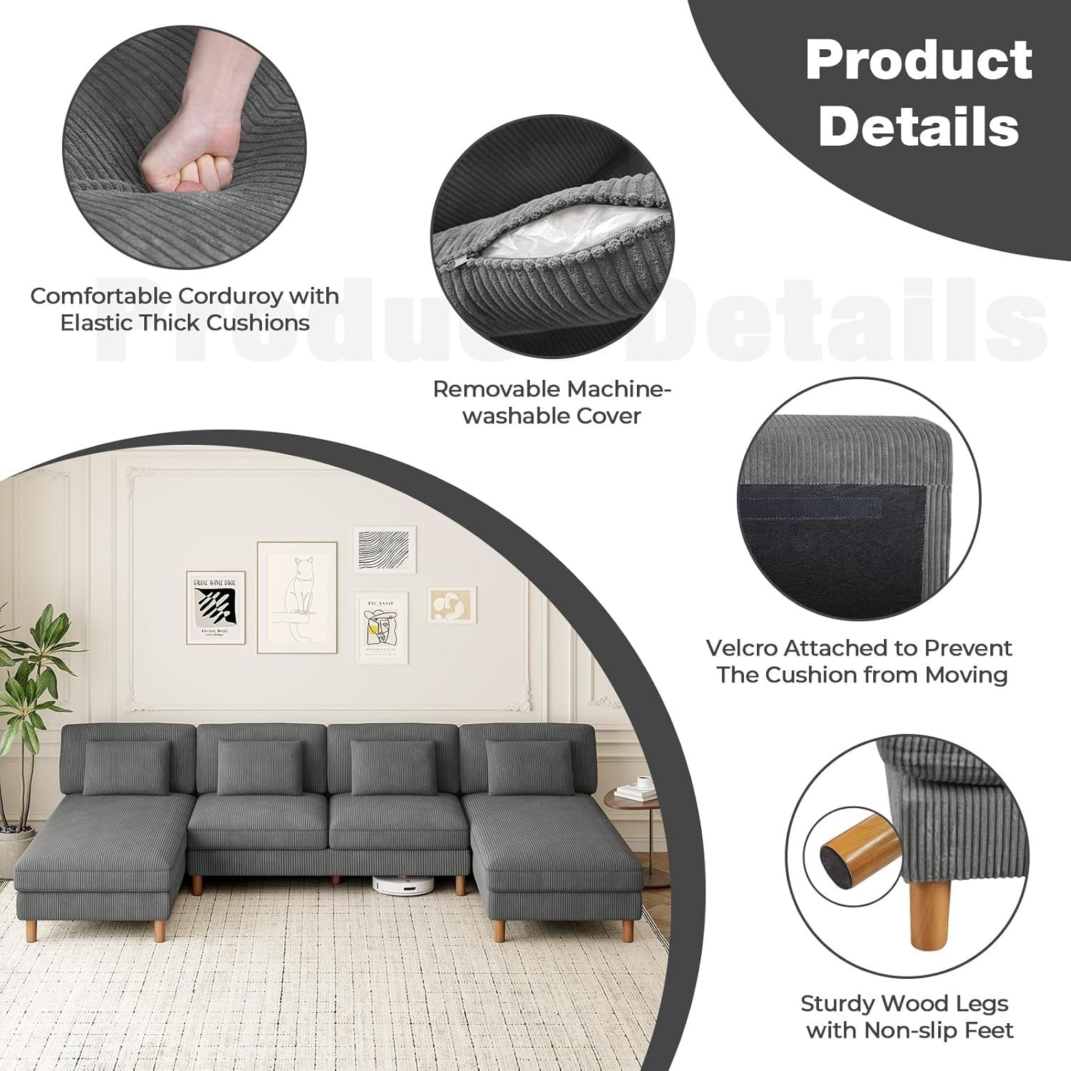 5 Seater U-Shaped Sofa Grey Corduroy with Double Chaise & Washable Covers