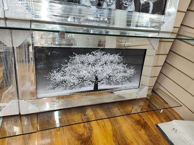 Blossom Tree 3D Glitter Liquid Wall Art 85x45cm Mirrored Frame Silver