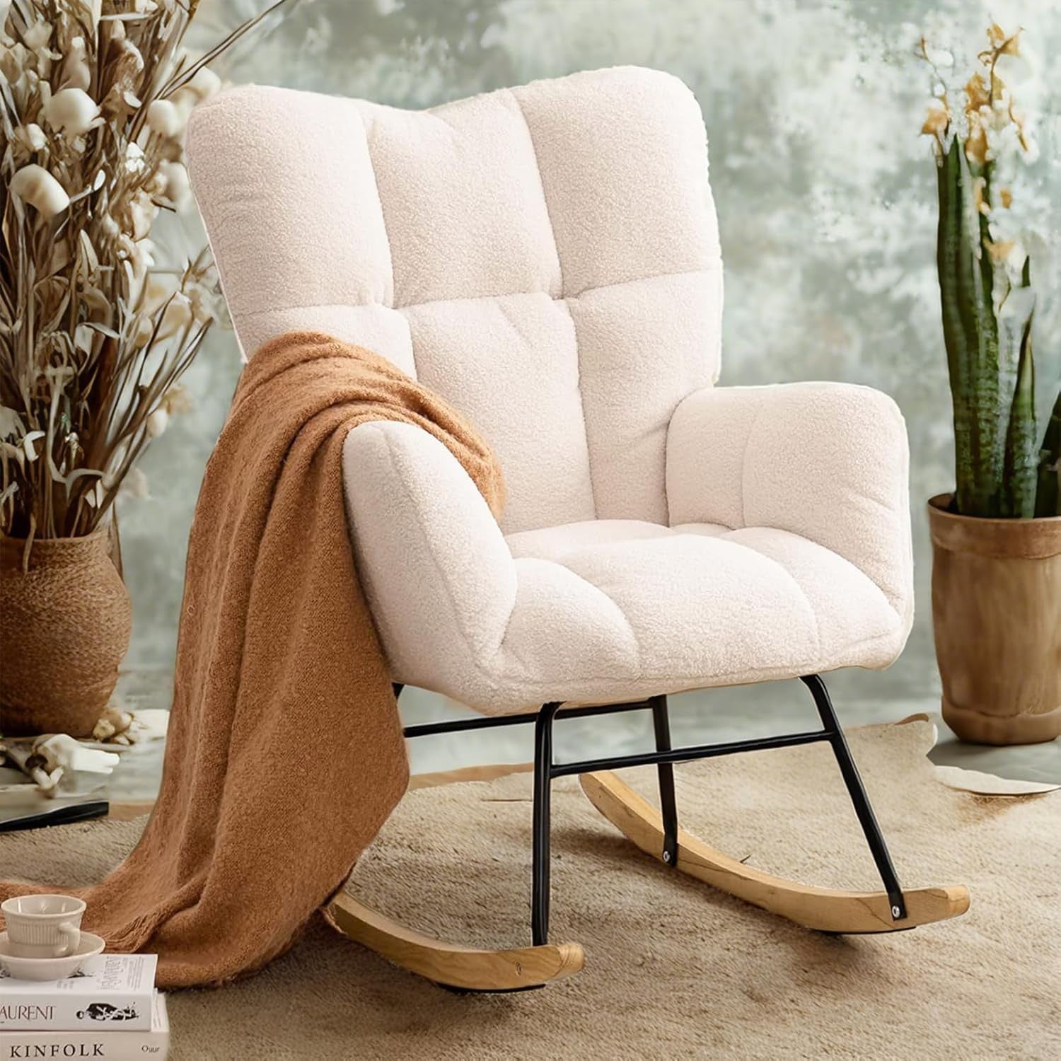 Beige Rocking Chair Soft Lounge Armchair 450lbs Support, Comfy & Sturdy