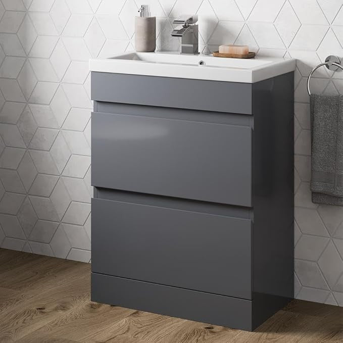 600mm Gloss Bathroom Vanity Unit with Basin Sink 2 Drawer Floor Standing Cabinet
