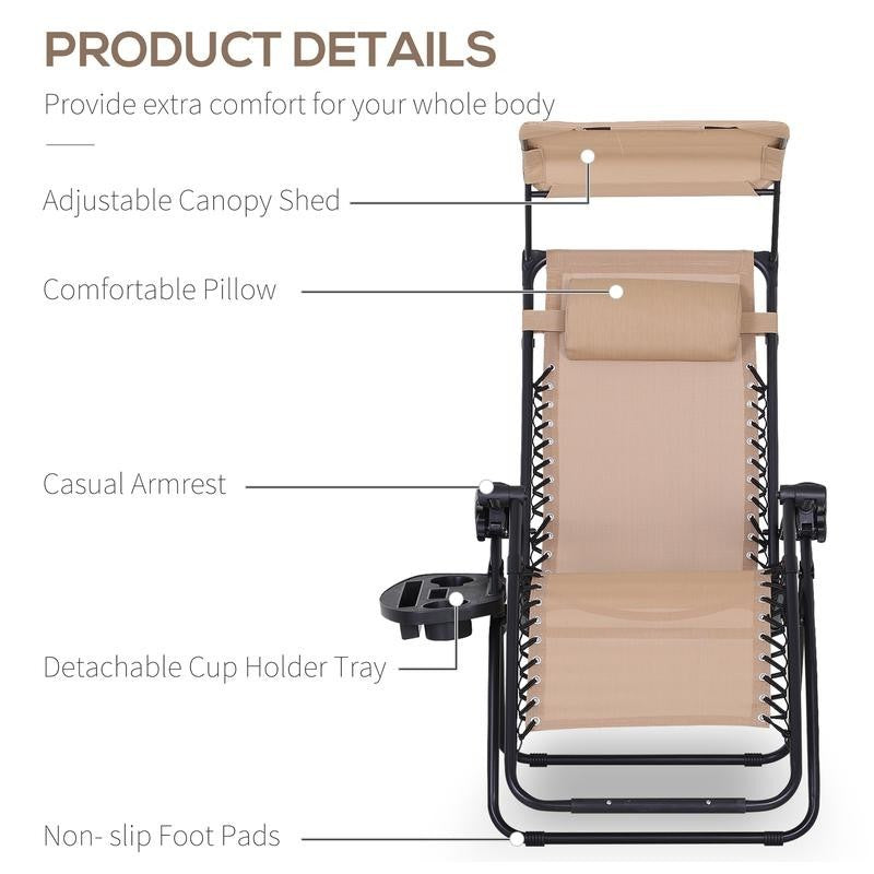 Zero Gravity Recliner Sun Lounger w/ Cup Tray & Canopy for Patio Garden
