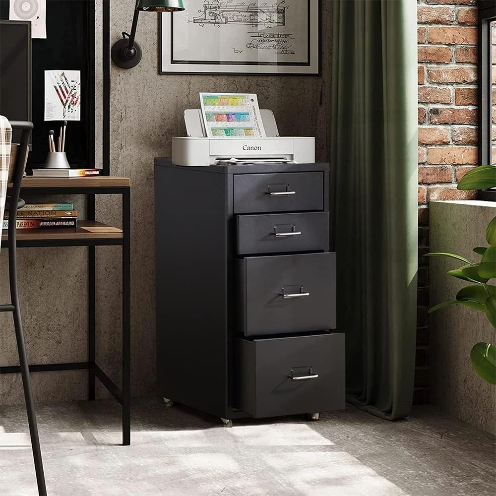 Black Mobile Filing Cabinet 4 Drawer 68cm Rolling Office Storage