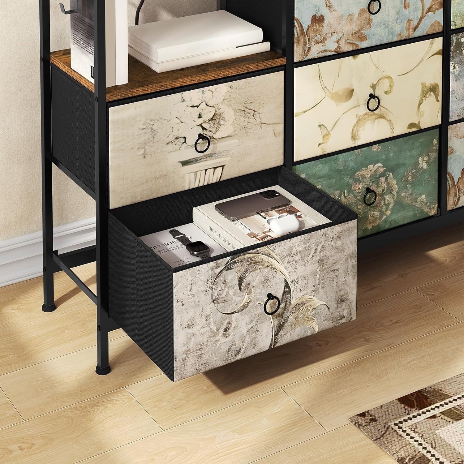 8 Drawer Fabric Chest with USB Ports & Power Strip Vintage Rustic Storage