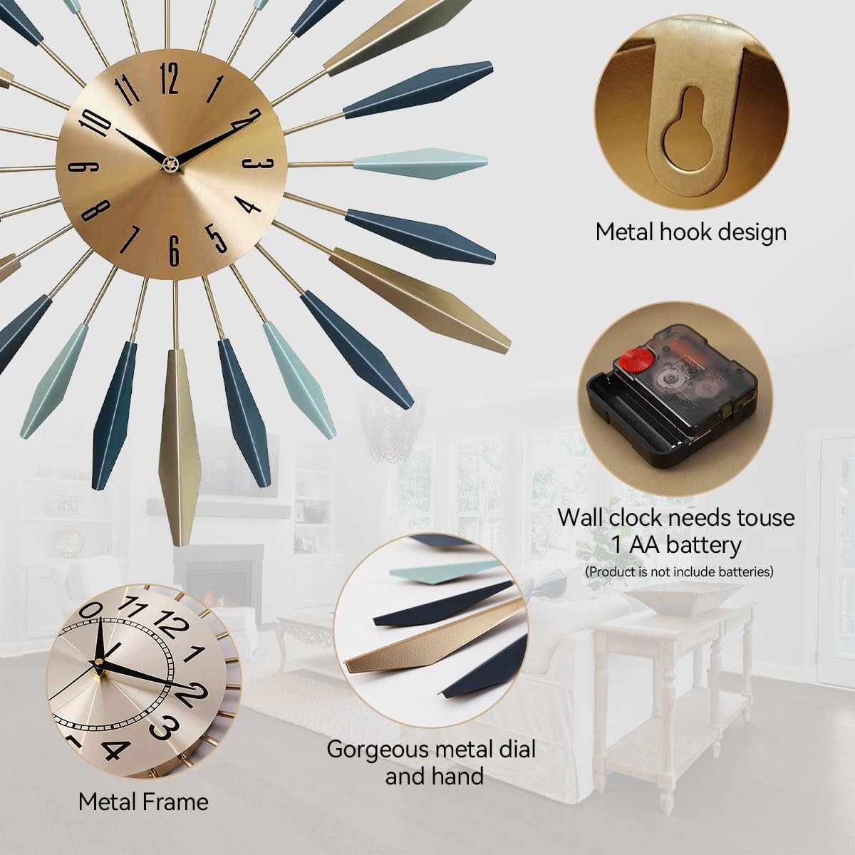 Modern Silent Wall Clock 55cm Large Metal Sunburst Design Home Decor