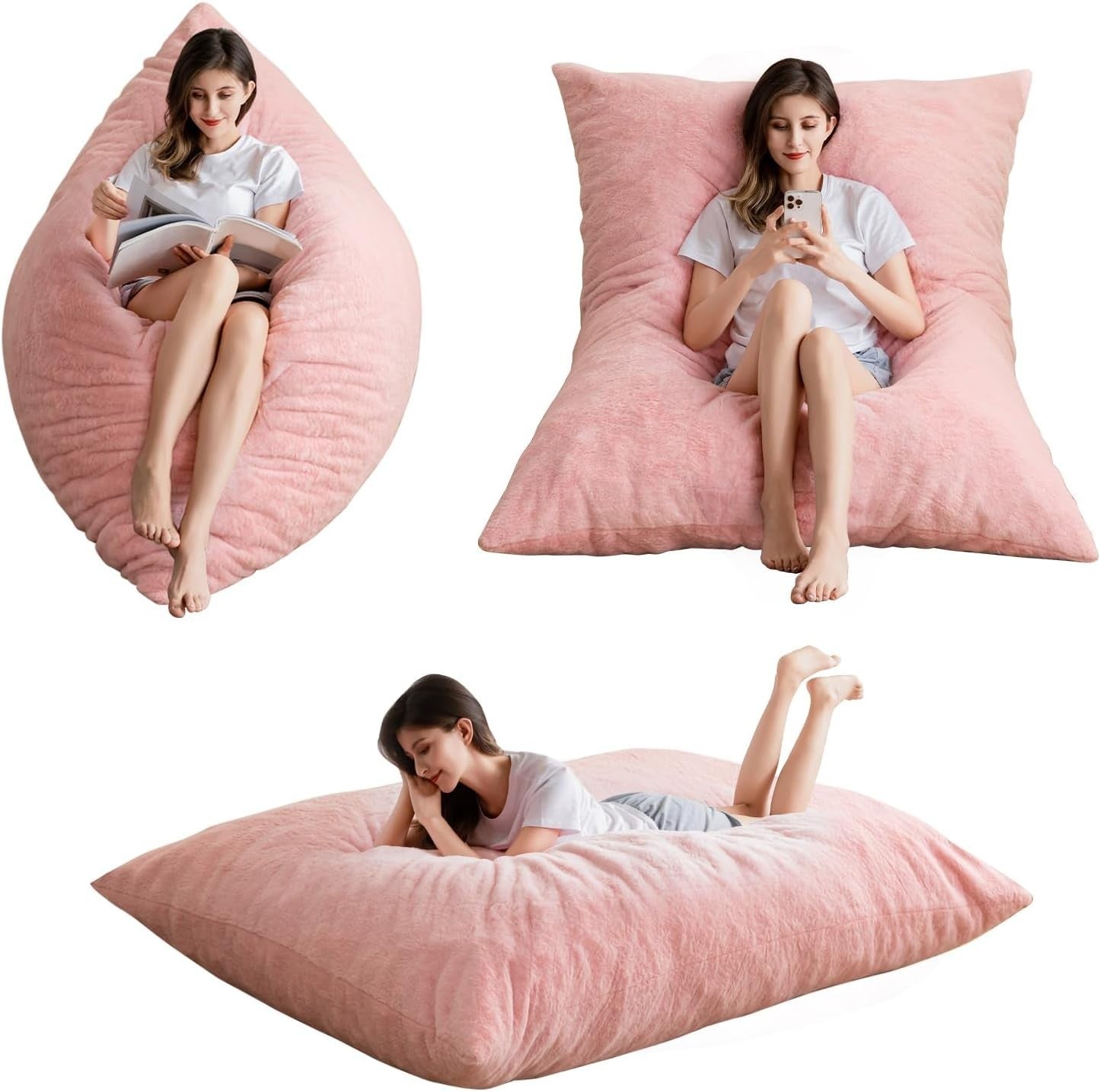 Pink Bean Bag Sofa Bed 135x190cm | Foldable Faux Fur Floor Lounger Chair