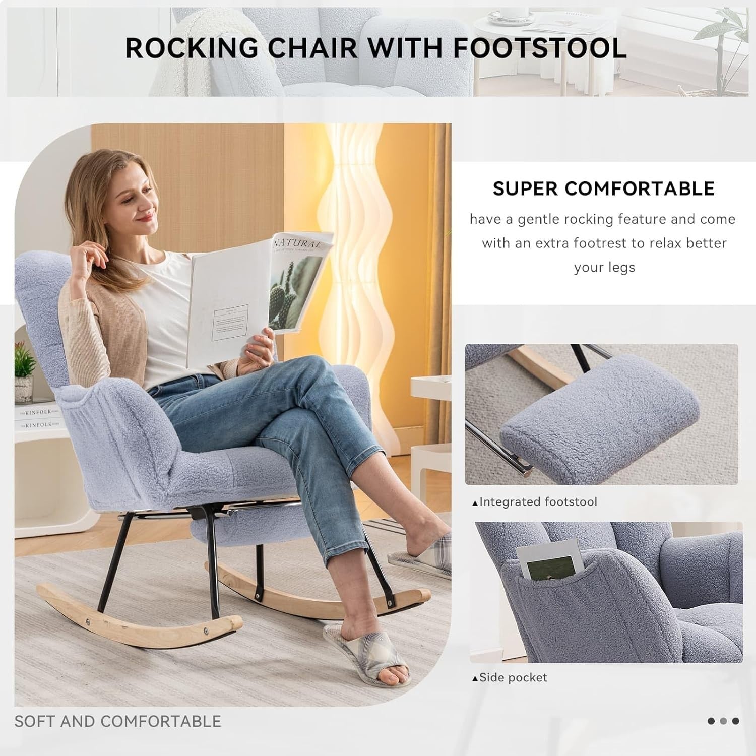 Ergonomic Nursing Rocking Chair with Footstool, Soft Teddy Fabric, Gray