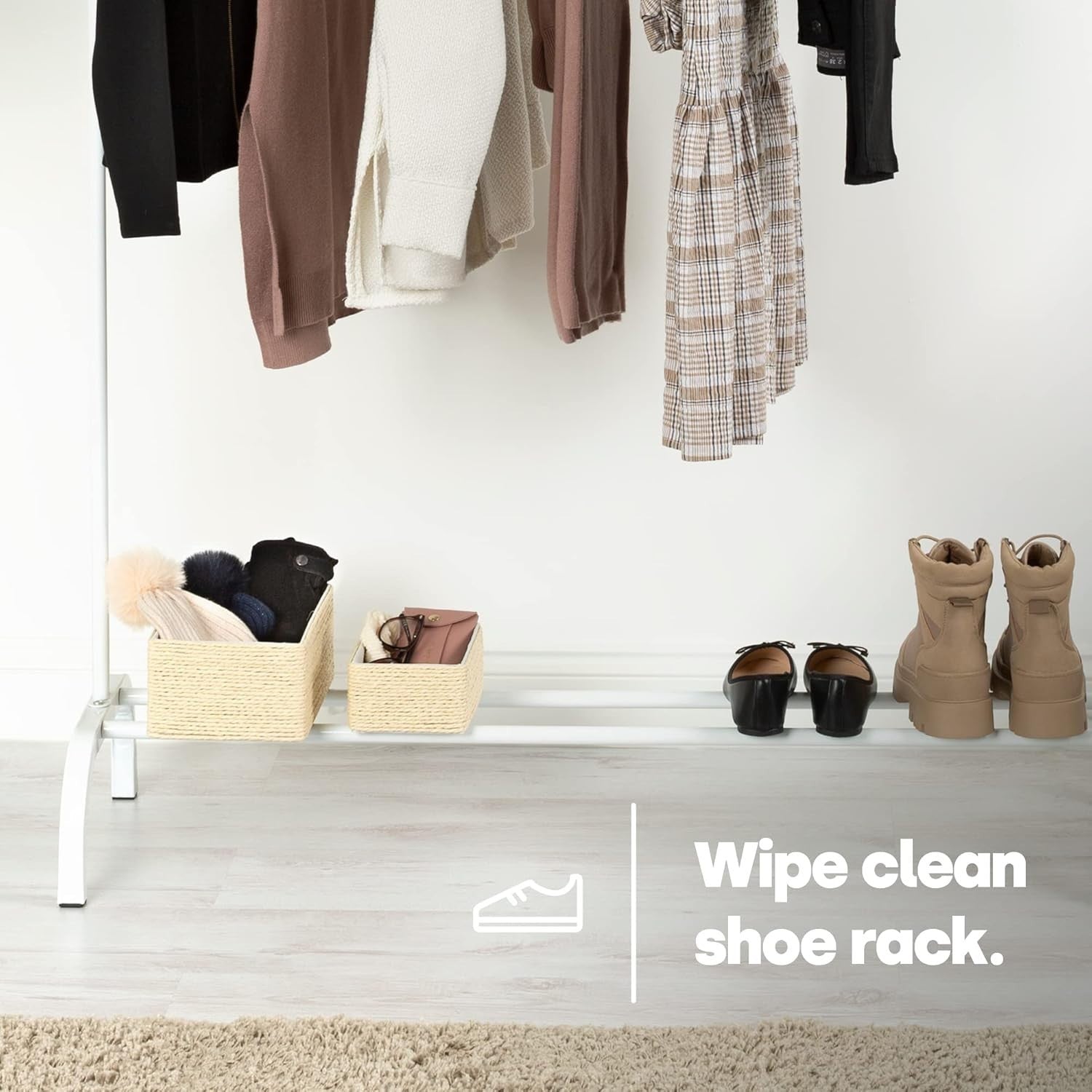 Freestanding Clothes Rail with Shoe Shelf White Heavy Duty