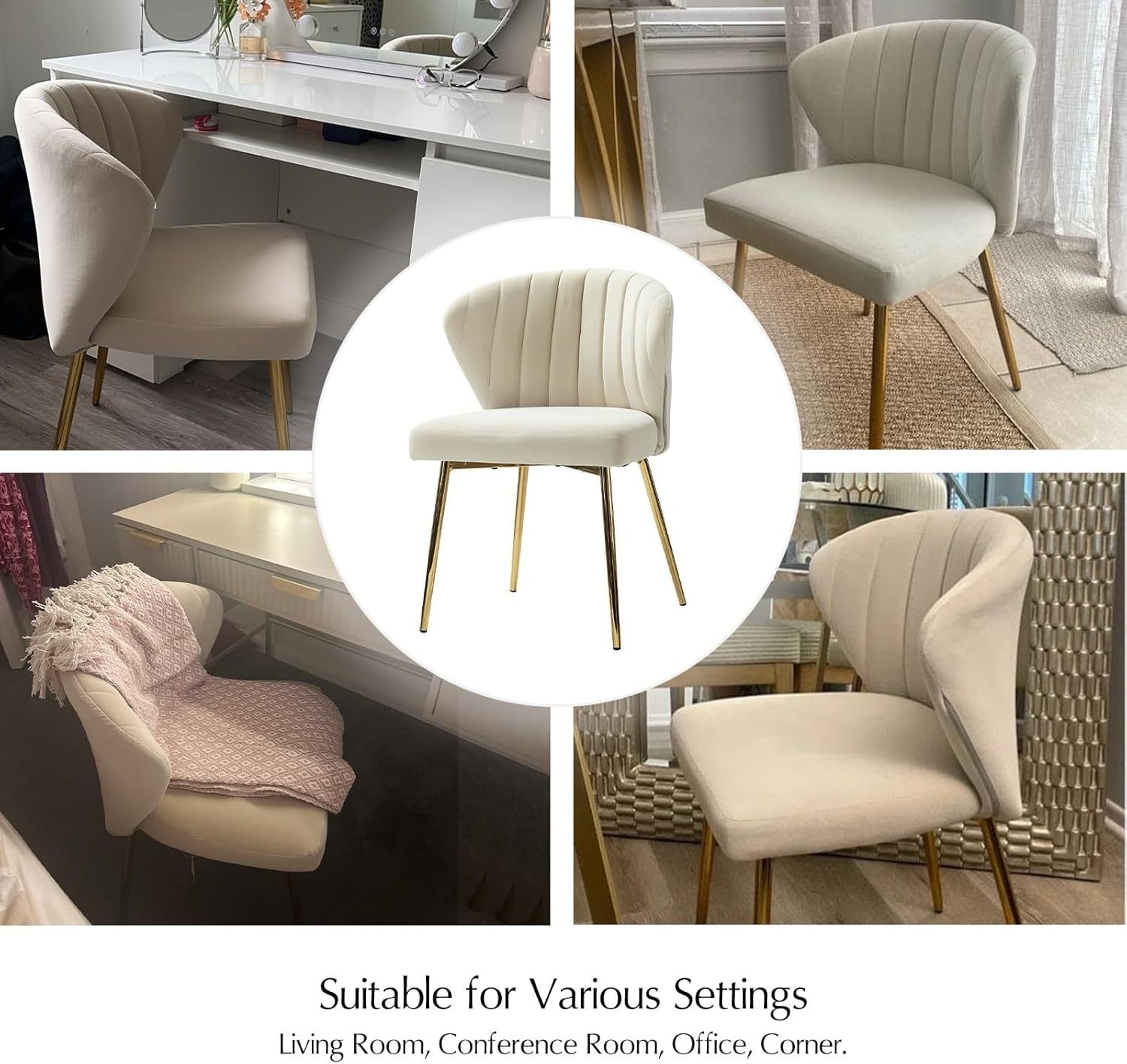 Tan Velvet Upholstered Dining & Vanity Chair – Modern Accent Seat with Metal Leg