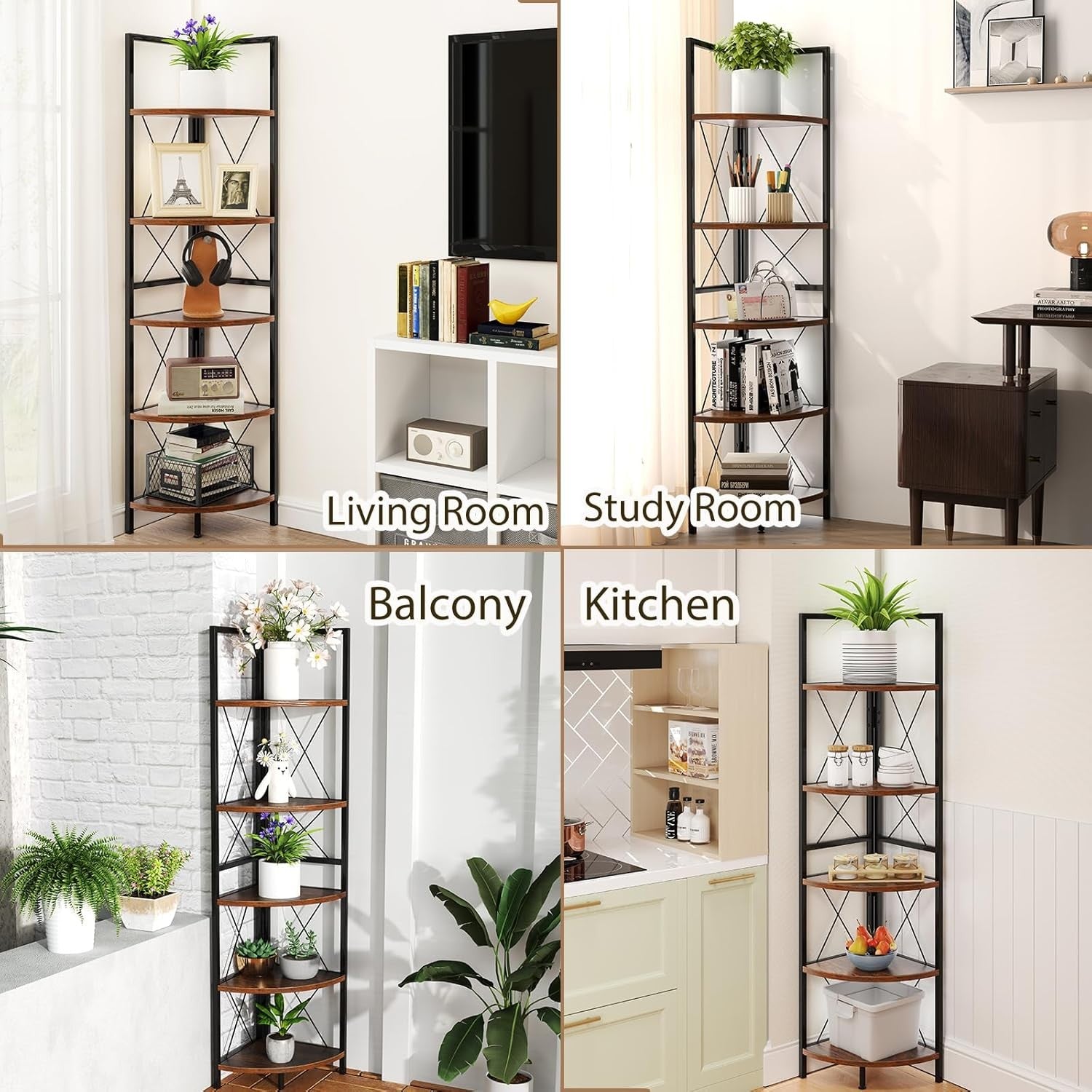 5-Tier Corner Ladder Shelf Rustic Brown | Space-Saving Display & Storage Unit