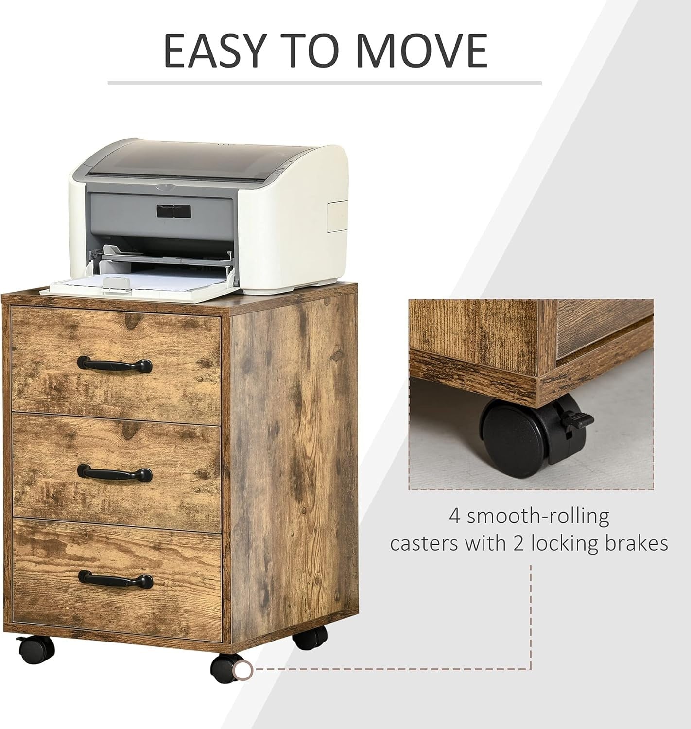 Rustic Brown Rolling File Cabinet 3 Drawer Under Desk Printer Storage