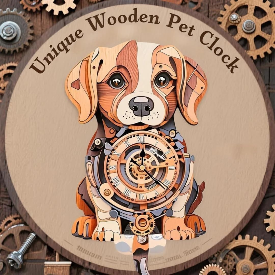 3D Wooden Beagle Dog Puzzle Wall Clock with Pendulum, DIY Gift