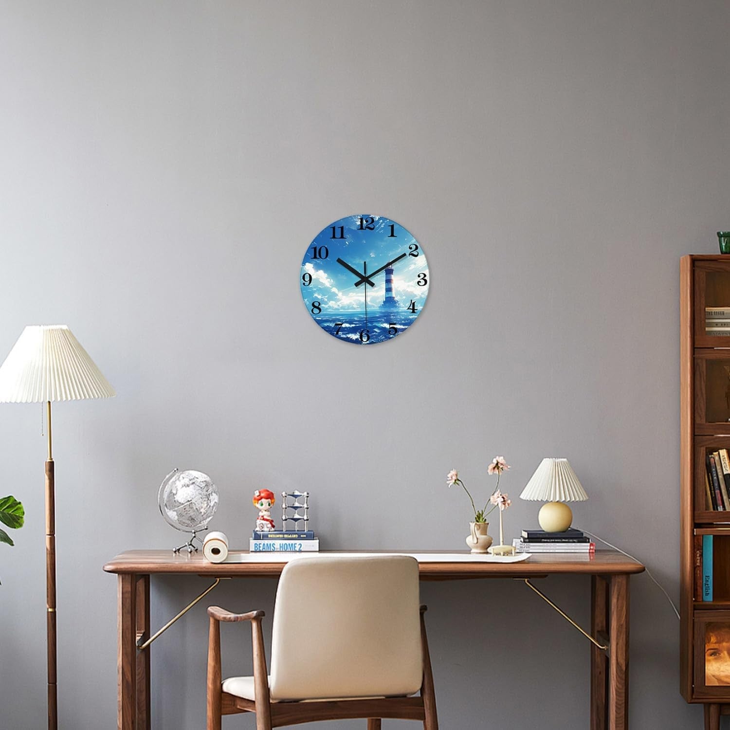 12" Blue Lighthouse Wall Clock Silent Non-Ticking Glass Coastal Kitchen Decor