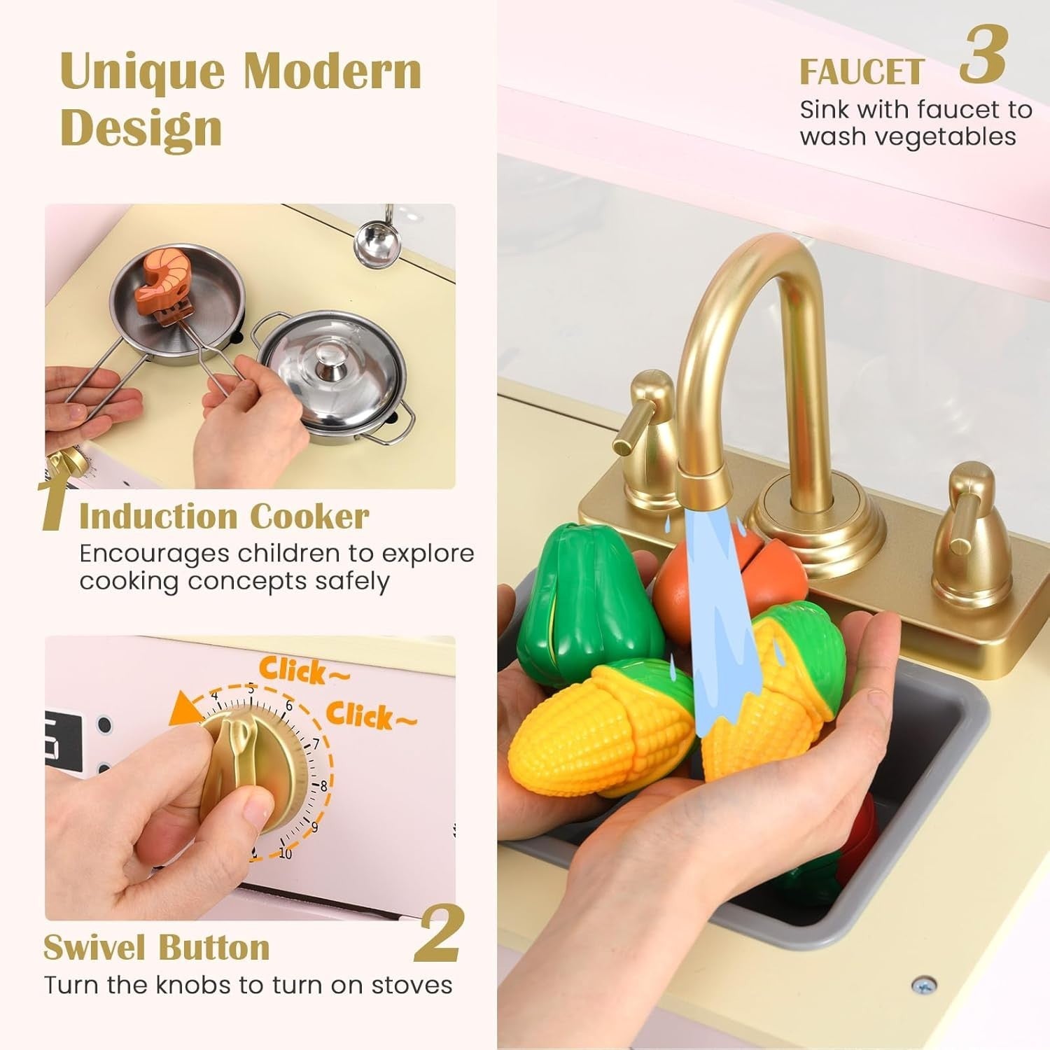 Wooden Kids Play Kitchen Pink Ice Maker Dishwasher Toy Set