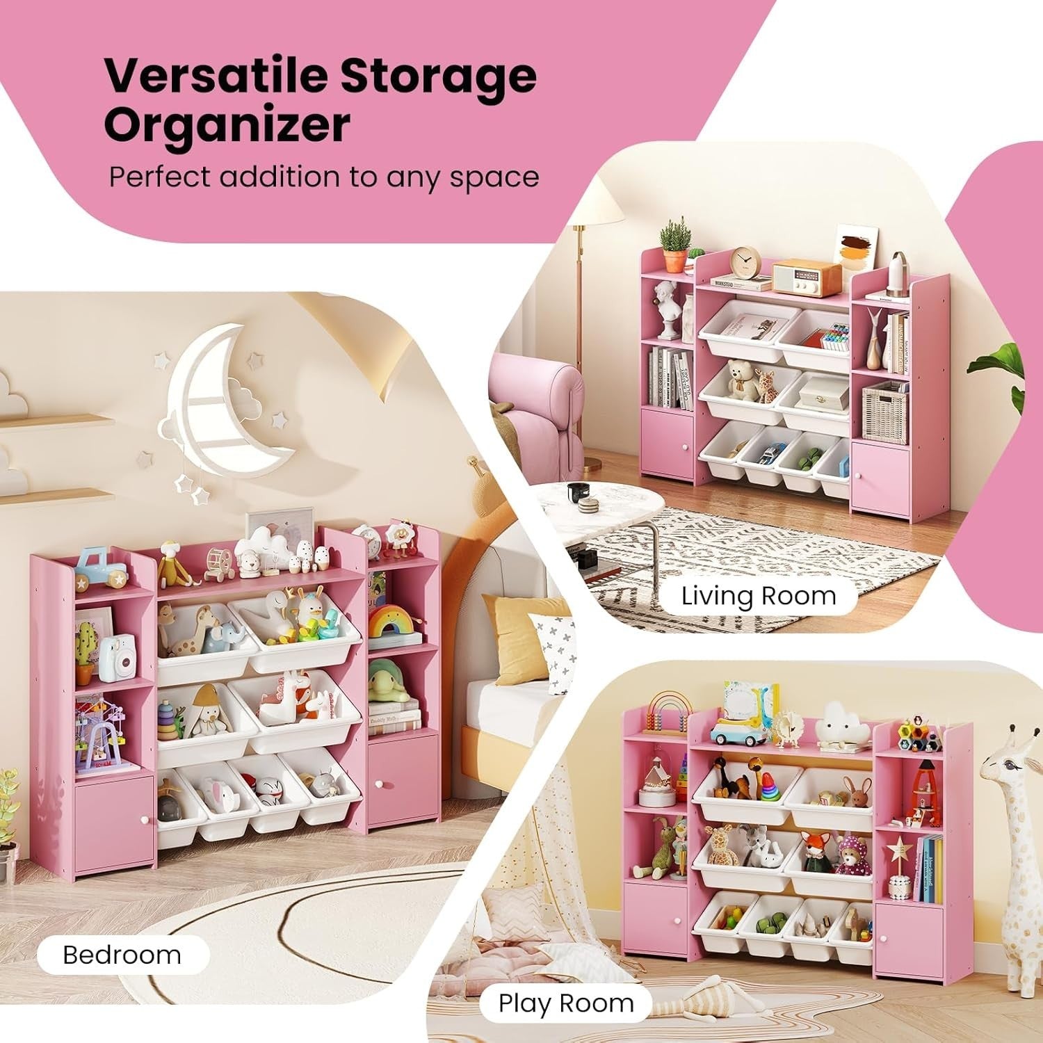 Pink Toy Storage Shelf – Kids 4-Tier Unit with Bins & Cabinets 142cm