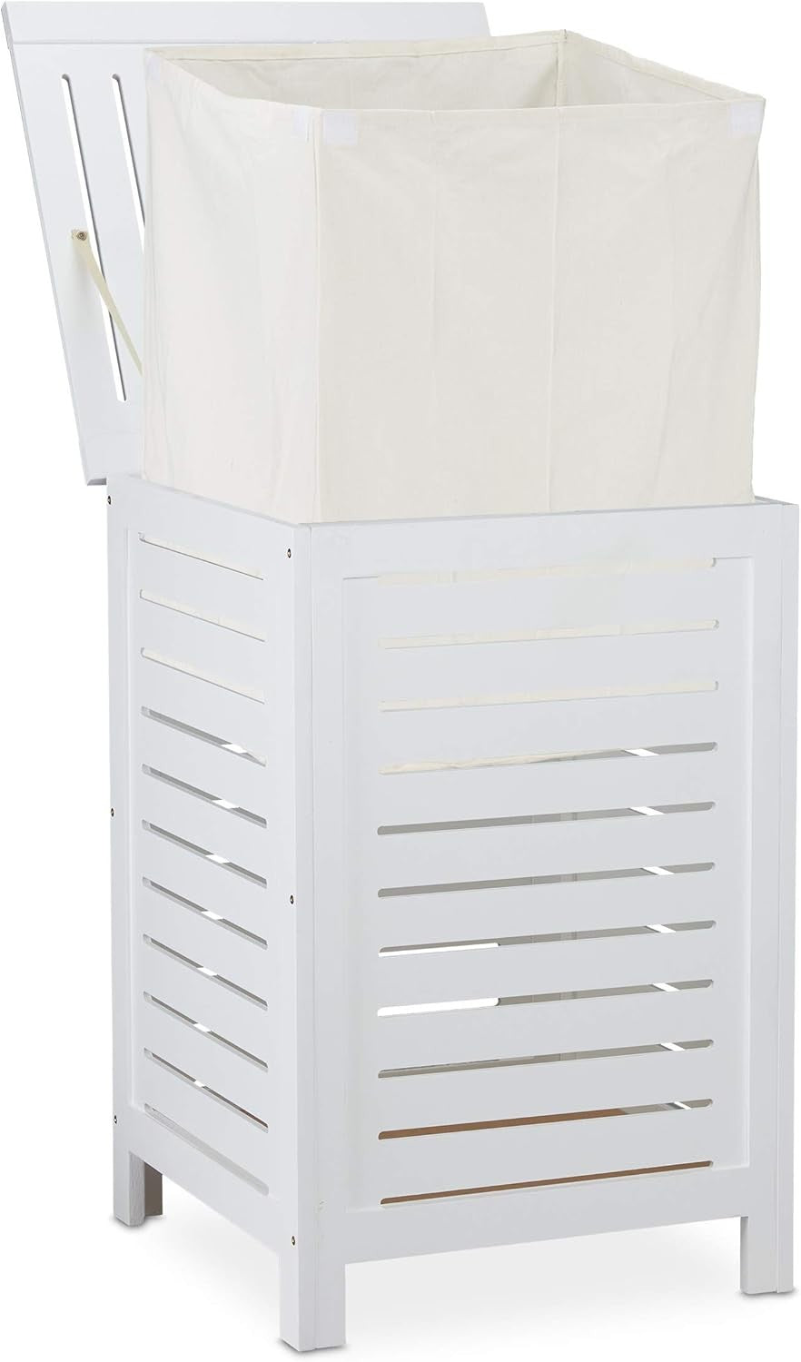 White Wooden Laundry Hamper with Lid, 86L Ventilated Storage Basket, Natural Pin