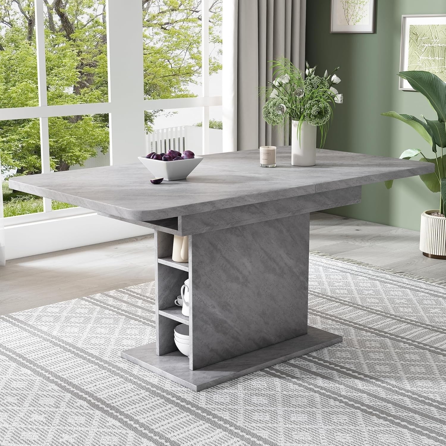 Extendable Grey Dining Table Storage Space-Saving Modern 130cm Desk