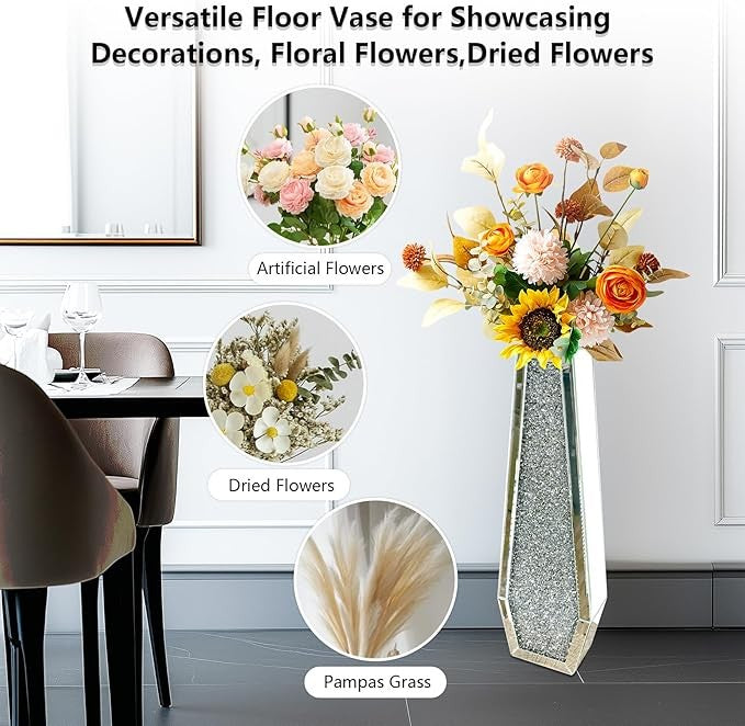Tall Mirrored Floor Vase 68cm Silver Crushed Diamond Pampas Decor