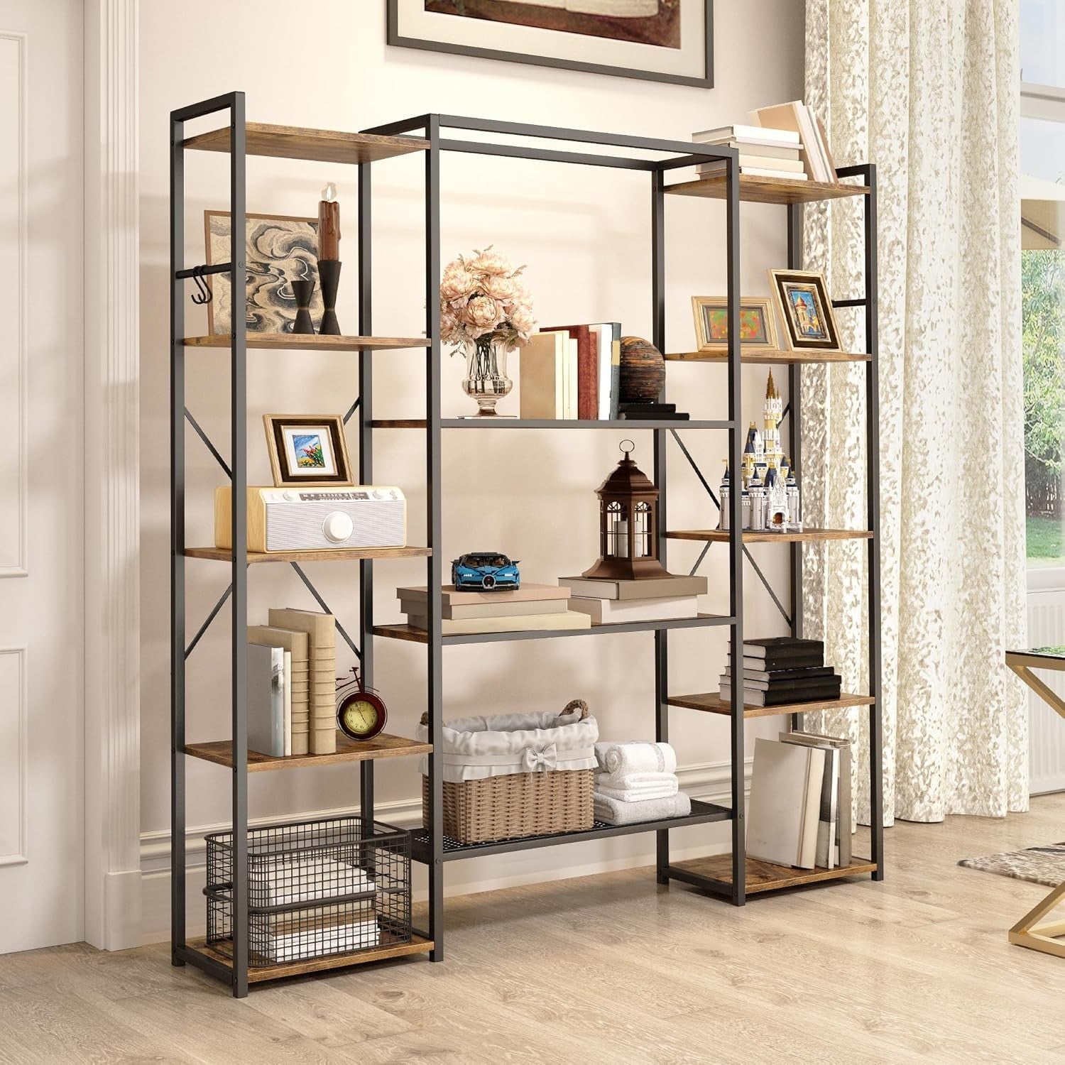 13 Shelf Industrial Bookcase Rustic Brown Metal & Wood Storage Display Rack