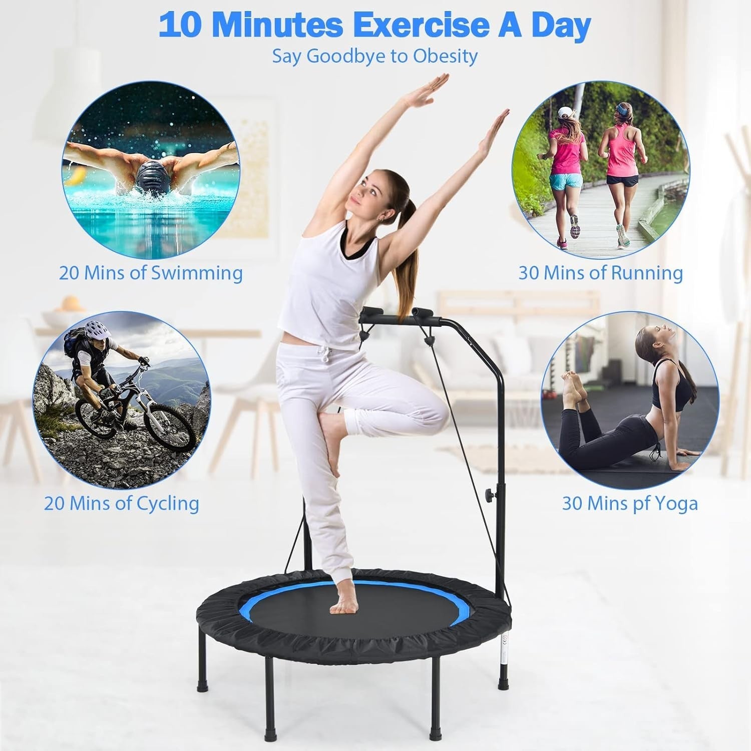 40in Foldable Mini Fitness Trampoline Adjustable Handle Bands