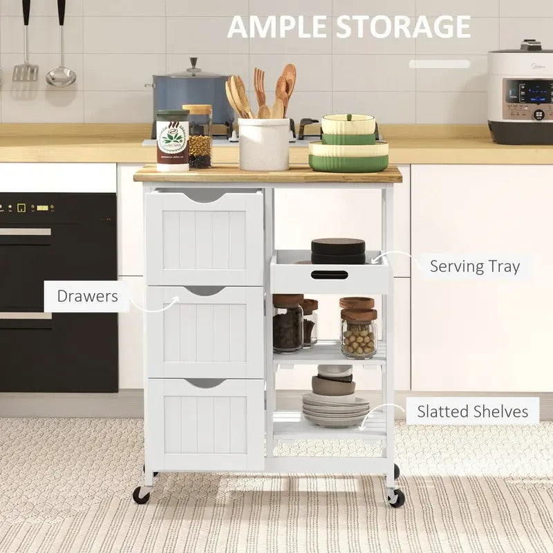 White Kitchen Island Cart with Drawers Shelves Tray & Wood Top on Wheels